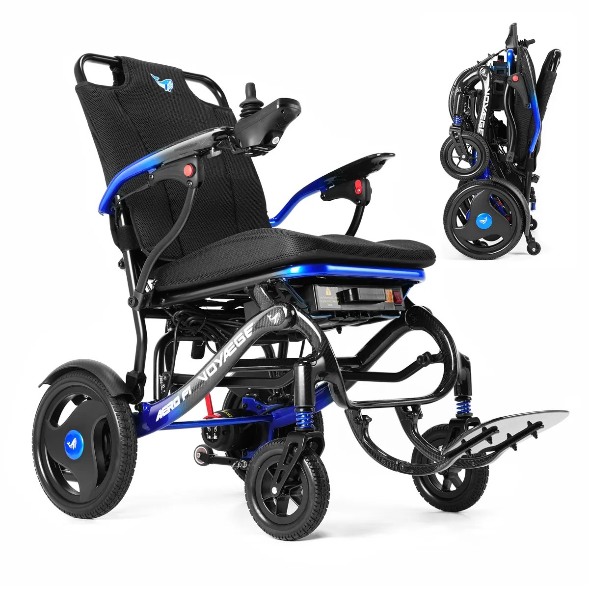 Voyaege Aero F1 electric wheelchair in Electric Tidebreaker Blue, with folded view