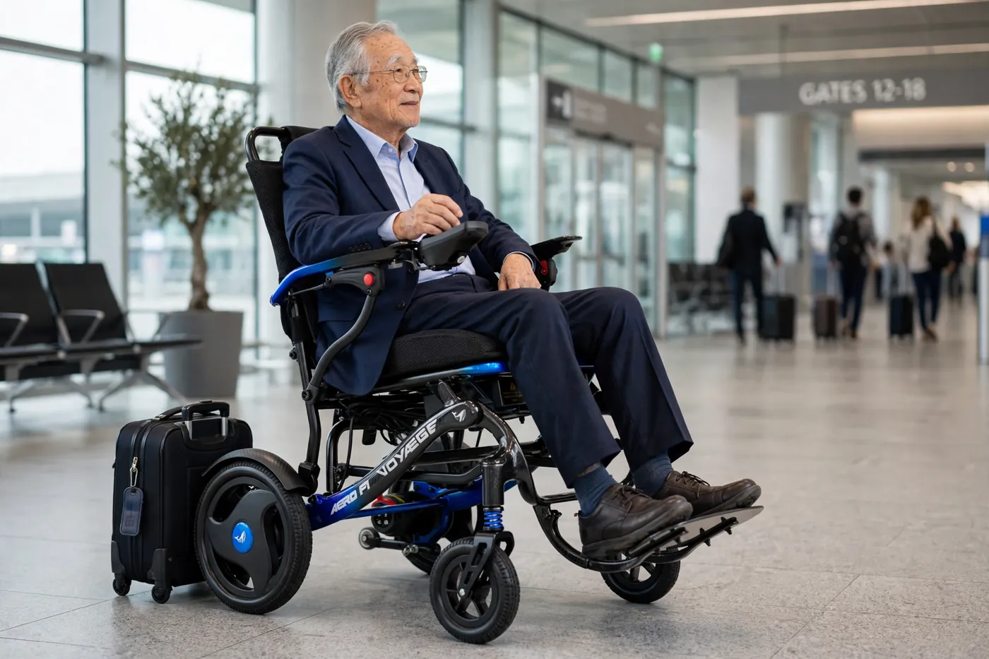 Man riding the Voyaege Aero F1 through an airport terminal